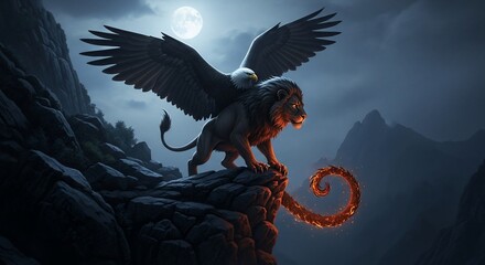Majestic griffin perched atop rocky cliff under moonlight fantasy creature