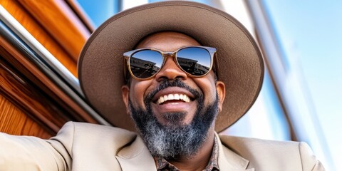 A man wearing a hat and sunglasses is smiling. He is wearing a suit and tie. The man is smiling and looking at the camera