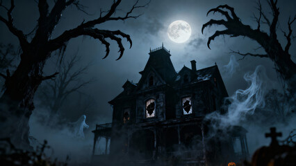 Haunting night scene of a spooky mansion illuminated by a full moon with ghostly figures and eerie trees