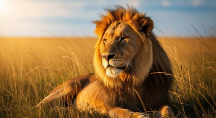 Majestic lion resting in golden grassland wildlife portrait