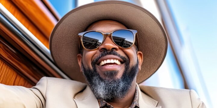 A man wearing a hat and sunglasses is smiling. He is wearing a suit and tie. The man is smiling and looking at the camera - Powered by Adobe