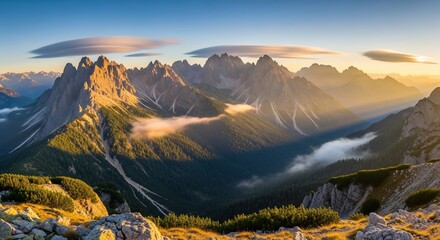Majestic mountain range landscape at sunrise