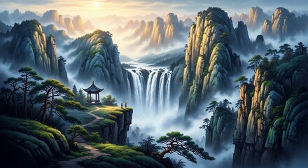 Majestic waterfall and mountain landscape scenery serenity