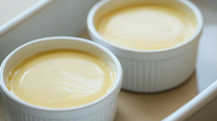 Two ramekins of creamy custard are displayed in a bright, minimalist setting. The smooth, pale yellow dessert fills each white dish, offering a tempting close-up of simple elegance.