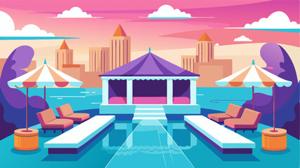 Fototapeta premium A luxurious rooftop pool surrounded by plush cabanas and a rooftop bar creating a gl and exclusive atmosphere.