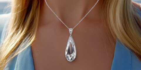 A woman wearing a necklace with a large crystal pendant. The necklace is silver and the pendant is clear