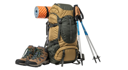 Hiking Backpack Boots and Trekking Poles camping outdoor