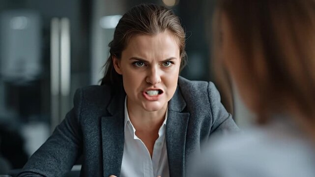 Furious businesswoman expressing intense anger and frustration during a difficult professional discussion or challenging corporate meeting