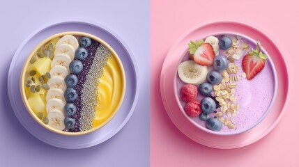 Colorful smoothie bowls with fresh fruits and toppings on pastel backgrounds at a bright kitchen setting