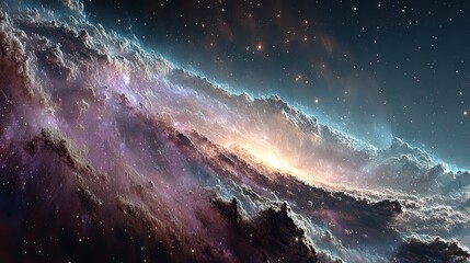 Naklejka premium Cosmic nebula with vibrant colors, stars, and dust clouds in space. Use for science, astronomy, or imaginative background projects.