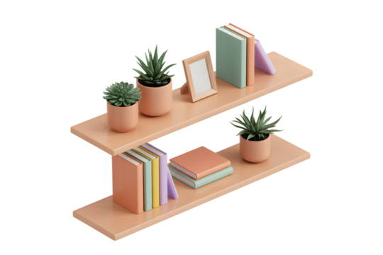 3D modern bookshelf with potted plants, books, and decorative items on minimal background