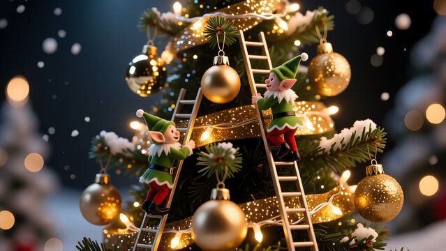 Two playful elves decorate a brightly lit Christmas tree with golden ornaments using a tiny ladder. A whimsical holiday scene full of charm & festive spirit