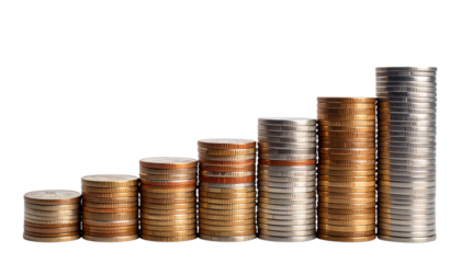 Stack of Currency Coins with Green Growth Arrow Rising Upwards, Symbol of Economic Success, Transparent Background, PNG