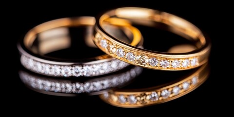 Two gold and silver rings with diamonds on them. The rings are side by side and are reflecting each other