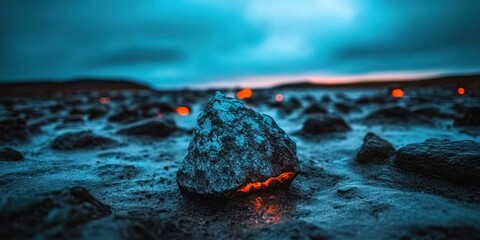 A rock with a hole in it and a blue sky in the background. The rock is surrounded by other rocks and there are some fireflies in the sky