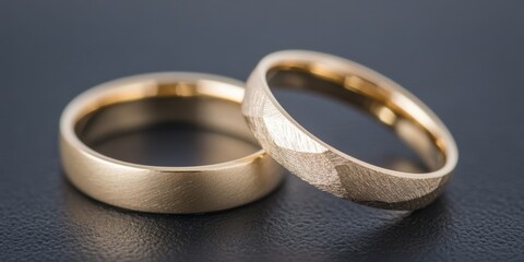 Two gold wedding rings with a textured surface. The rings are placed next to each other on a black surface