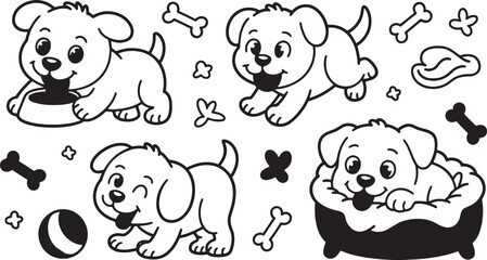 Playful puppies cartoon pattern cute dog illustration black and white line art for coloring page and kids drawing concept vector design