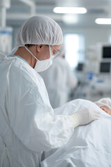 Naklejka premium A healthcare worker in full protective gear attends to a patient in a brightly lit operating room, showcasing dedication & safety during critical care.