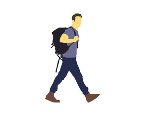 Obraz premium Flat design illustration of a man walking with a backpack, minimalist traveler silhouette for adventure, hiking, and outdoor design