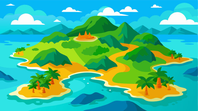 A panoramic view of a tropical island with a patchwork of emerald green forests golden beaches and sparkling blue water stretching out to the horizon.
