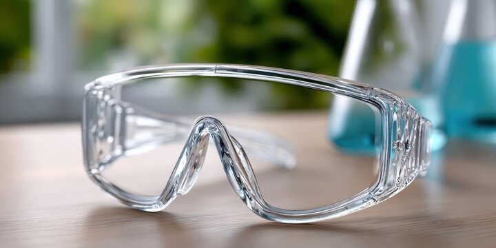 safety goggle advertisement, in-depth ad for safety goggles clear lens, adjustable strap, key features emphasized in a lab setting