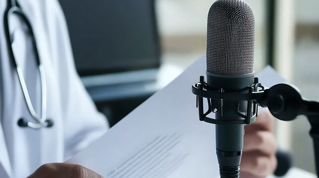 Doctor recording medical podcast with microphone. Healthcare professional shares insights and expertise through audio content, promoting health awareness and education.