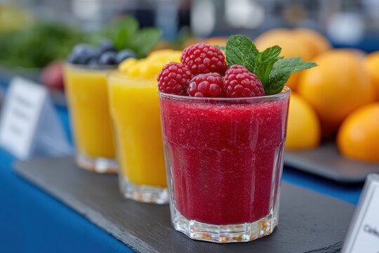 science-themed smoothies, students in lab coats serve science-themed smoothies at a school fair, focusing on education and nutrition