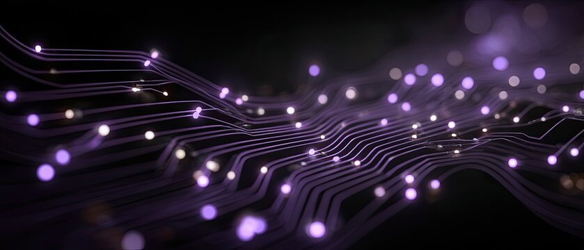 Purple network cables with glowing nodes are shown over a black background. Use it for technology, networking, data transfer, or futuristic concepts.
