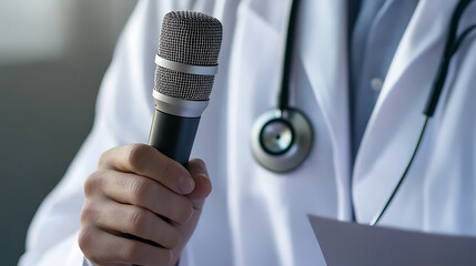 Doctor giving medical advice at conference with microphone, providing health information, sharing knowledge, and educating the public. Emphasizing healthcare awareness.