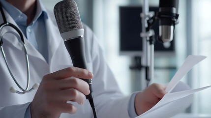 A doctor speaks into a microphone in a clinical setting, holding papers, likely discussing health topics for a podcast or broadcast, wearing a white coat and stethoscope.