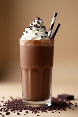 Delicious chocolate cold coffee with whipped cream and sprinkles