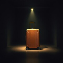 suitcase in a spotlight in a large dark room