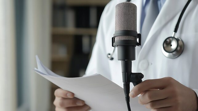 Doctor delivering health advice or giving a presentation. Holding notes in front of a mic with a stethoscope. Healthcare professional sharing knowledge and insights.