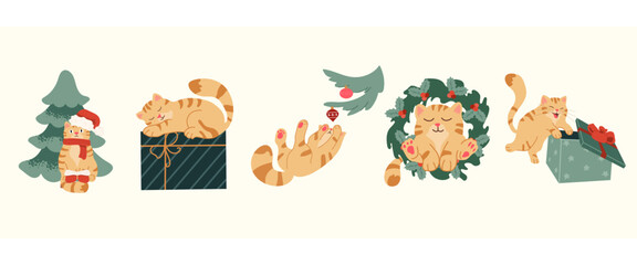 Ginger cats set with festive Christmas elements like a Santa hat, wreath, gift boxes, and Christmas tree. Season pet's decor for holiday cards, stickers, ads