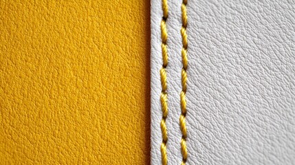Detail of yellow and white textured leather material stitched together with contrasting yellow thread, creating a seam highlighting craftsmanship and textile quality