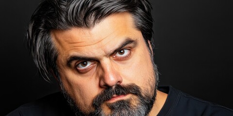 A man with a beard and a mustache is staring at the camera. He has a serious expression on his face