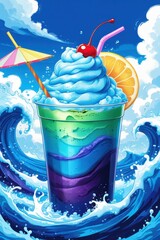 cool blue mocktail cocktail with ice and cherry on the top