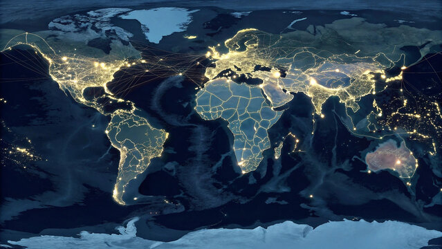 Satellite-style composite image showing city lights on world map at night, digital overlay blending geography and technology concept for global connection theme
