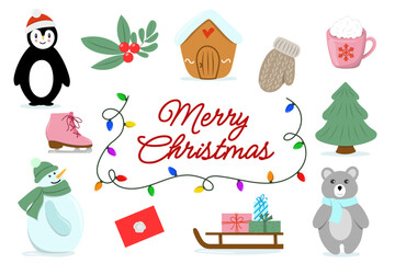 Christmas Elements Vector Illustration with penguin, snowman, bear, gifts, and festive decorations. Holiday winter clipart set