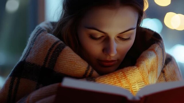 A person sits in a dimly lit room reading a book, possibly with a flashlight