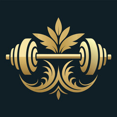 Luxurious Gold Barbell Weightlifting Emblem Fitness Gym Logo Design: Strength Training for an Athletic Lifestyle and Physical Wellness