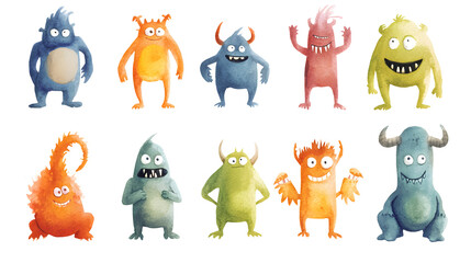 Colorful watercolor monsters with playful expressions