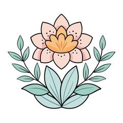 Botanical Floral Arrangement Featuring Blooming Flower Accented With Green Leaves Naturalistic Design Art Nouveau Style Decorative Motif Element