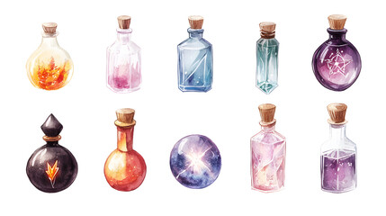 Colorful potion bottles in watercolor style