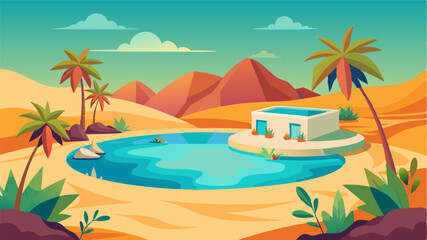 Fototapeta premium A hidden gem in the harsh desert terrain this oasis boasts a crystalclear lagoon fringed by swaying palm trees and a bed of colorful wildflowers.