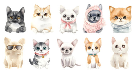 Adorable watercolor pets in cozy outfits