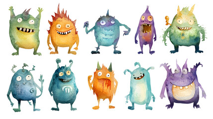 Colorful watercolor monsters with playful expressions