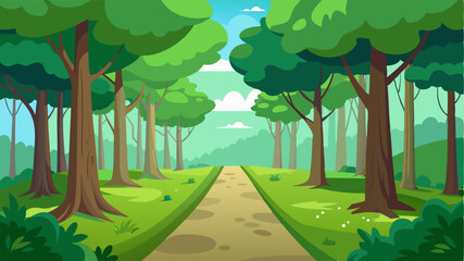 A lush green meadow path surrounded by towering trees creating a peaceful canopy above.