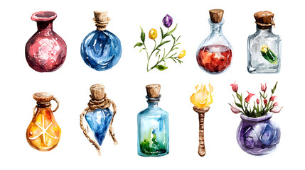 Watercolor magical potion bottles and plants illustration