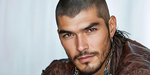 A man with a shaved head and a beard is wearing a leather jacket. He is wearing a chain around his neck